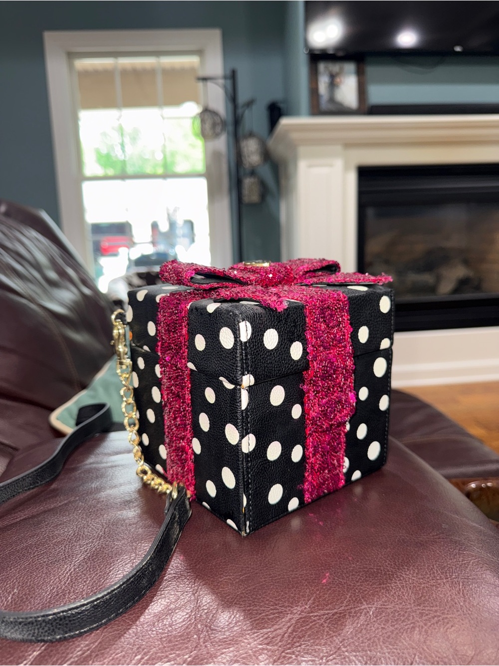 Betsey Johnson Black Polka Dot Gift-Box Crossbody with Pink Sparkle Bow